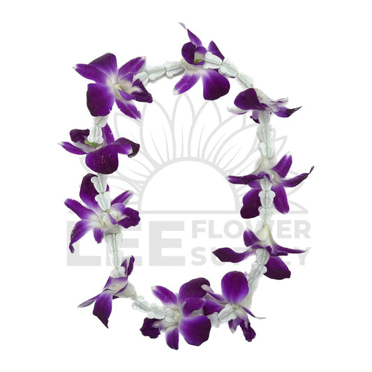 full view of orchid necklace with plastic crown flower