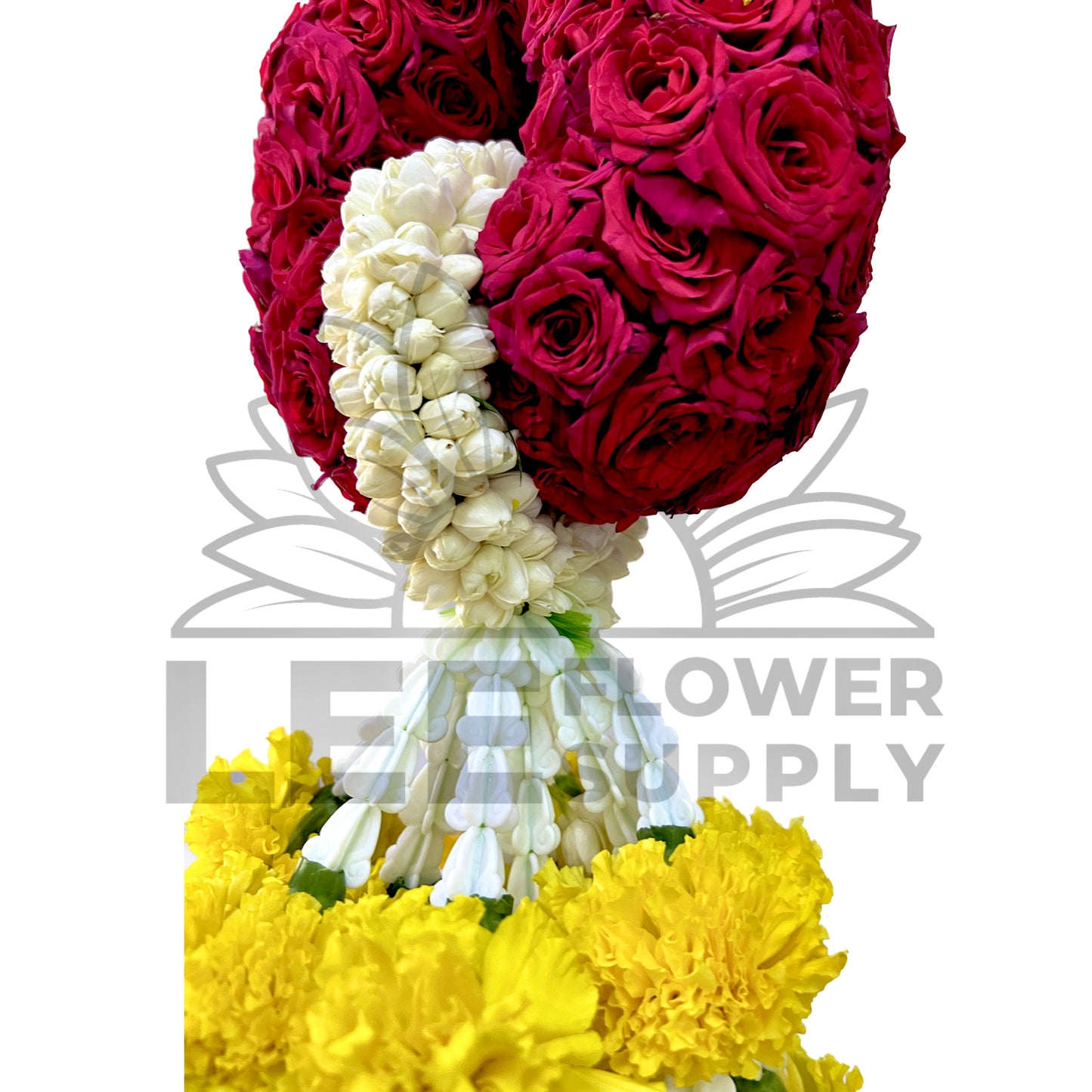 zoomed in view of rose crown with thick jasmine garland