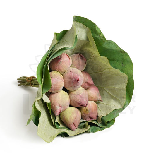 a bundle of 10 red lotus wrapped in lotus leaf