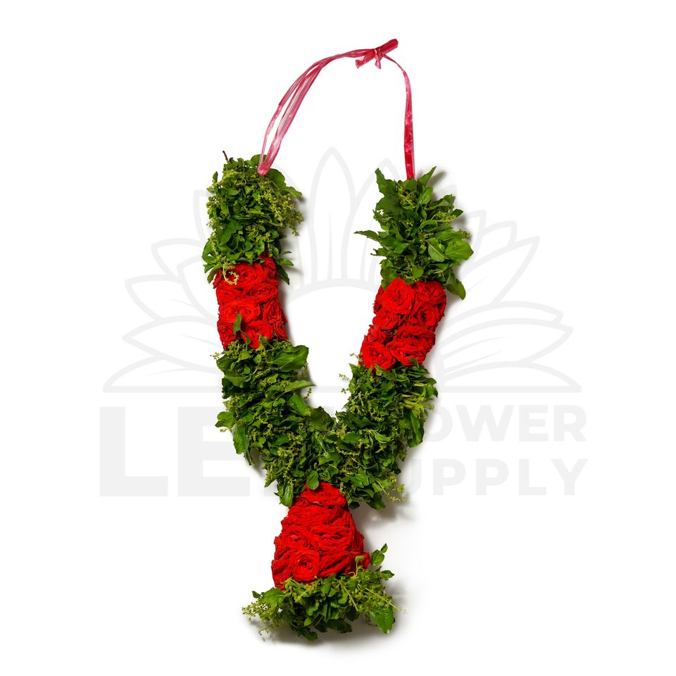 full view of tulasi garland with red rose