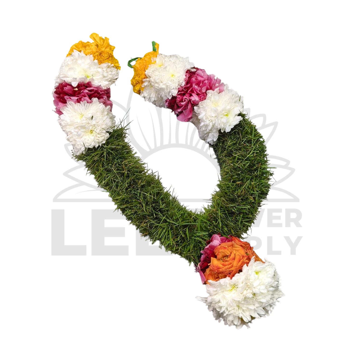 Grass Garland with Orange Rose, White Chrysanthemum & Marigold