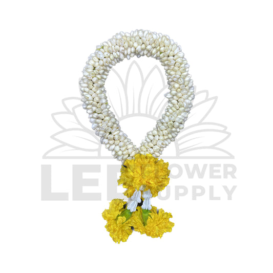front view of extra thick jasmine garland with marigold