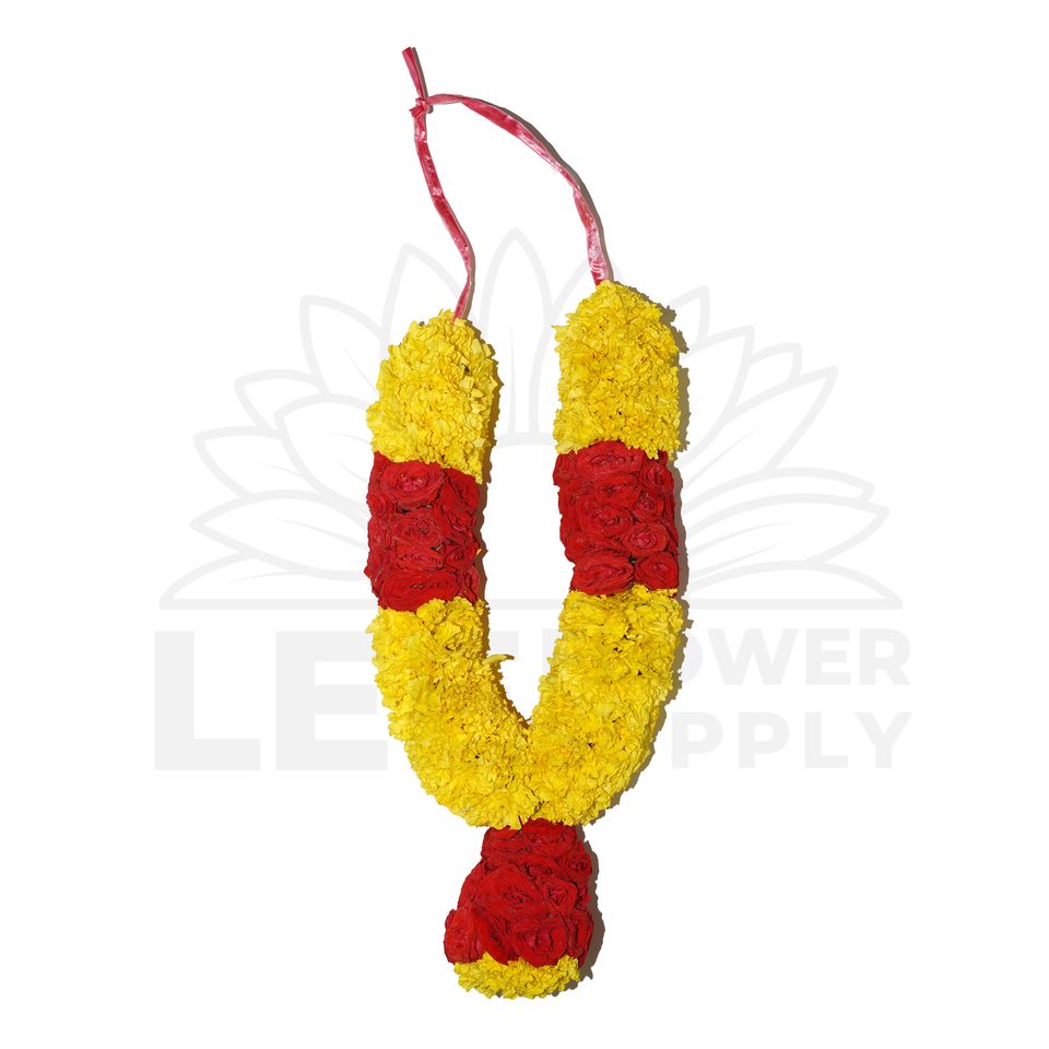 yellow marigold mixed with red rose garland 1 foot