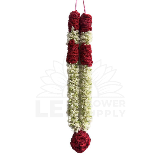 full view of tuberose garland with red rose 2 feet