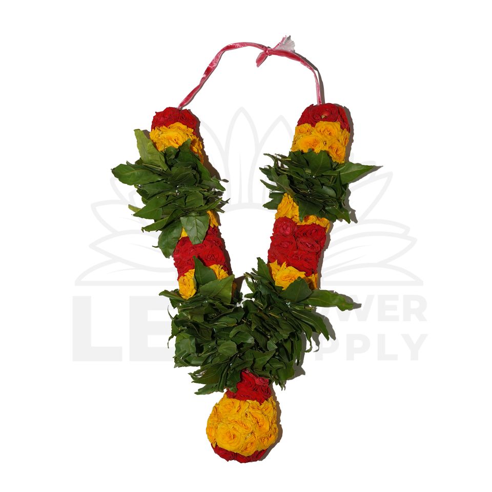 full view of vilvam garland with red and yellow rose 1 foot